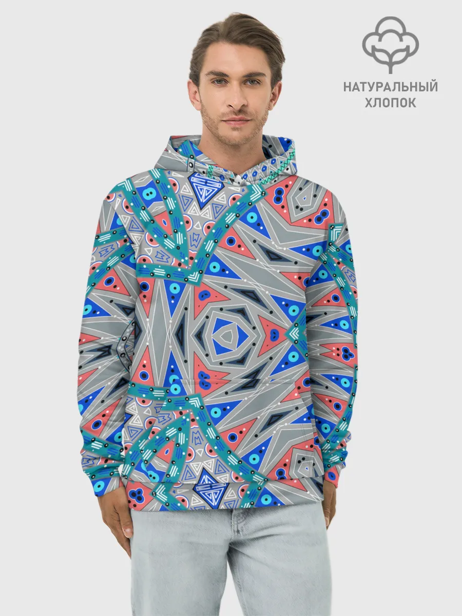 Худи мужской база хлопок / Серо-синий абстрактный узор