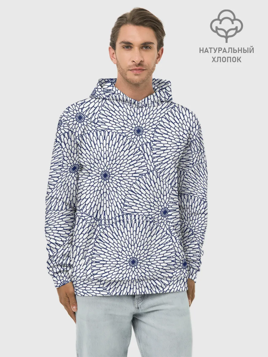 Худи мужской база хлопок / БЕЛЫЕ ХРИЗАНТЕМЫ | ПАТТЕРН