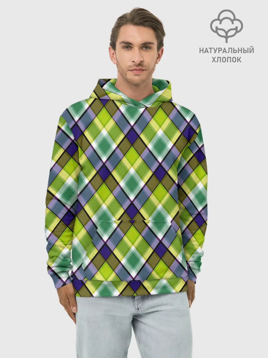 Худи мужской база хлопок / Крупный клетчатый косой узор