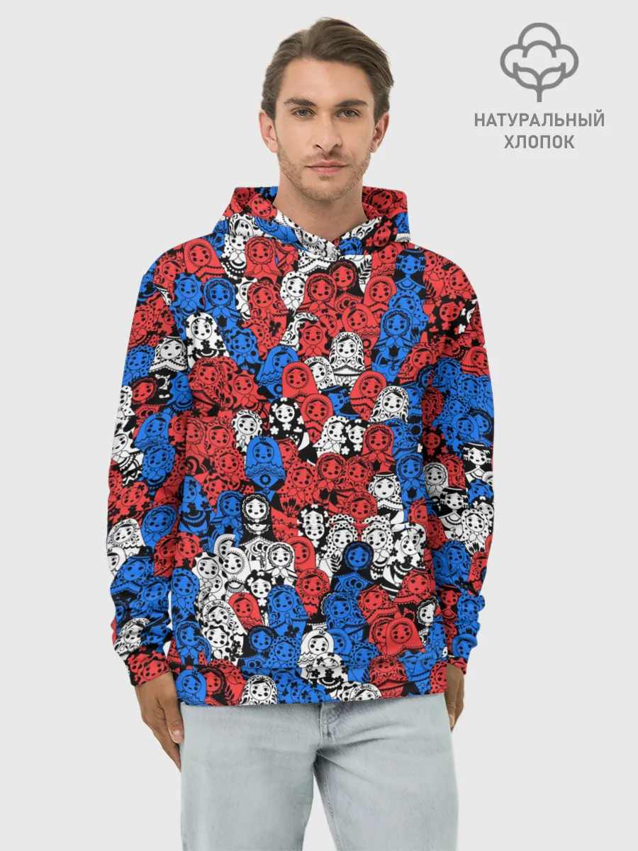 Худи мужской база хлопок / Бело-сине-красные матрёшки
