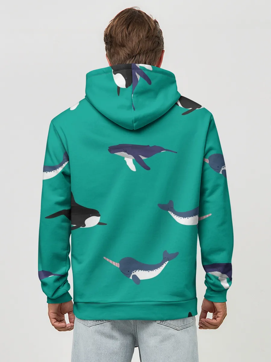 Худи мужской база хлопок / Нарвал, киты, касатка паттерн