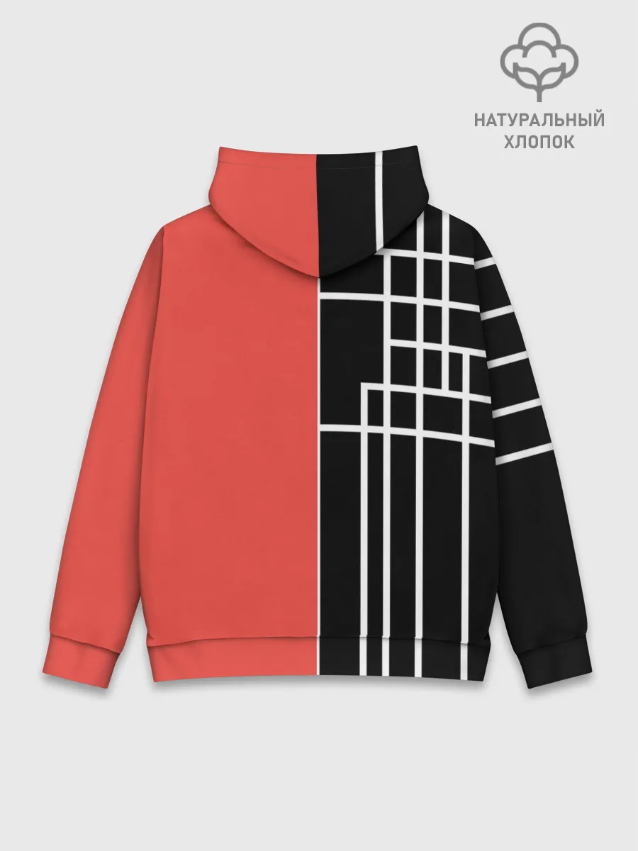 Худи мужской база хлопок / Черный и коралловый арт деко