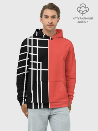Худи мужской база хлопок / Черный и коралловый арт деко