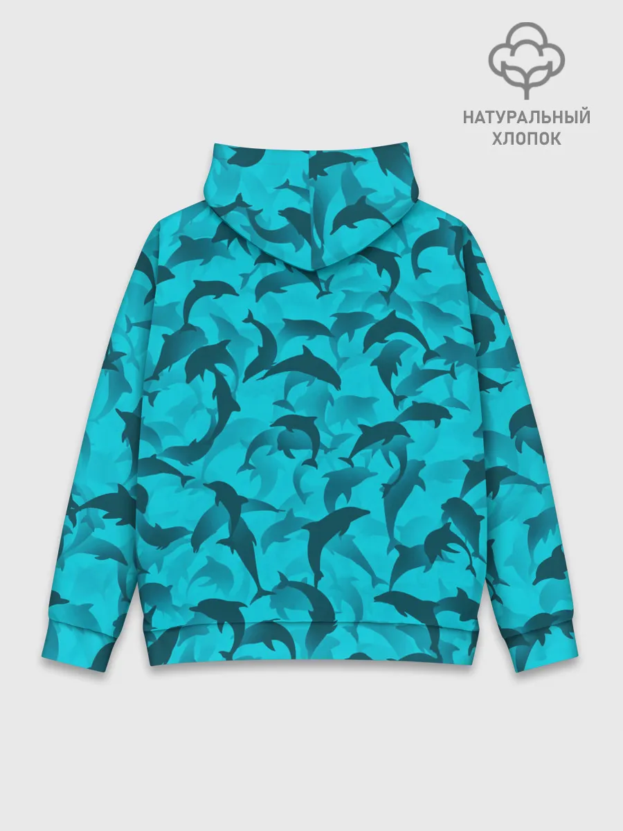 Худи мужской база хлопок / Синий камуфляж с дельфинами
