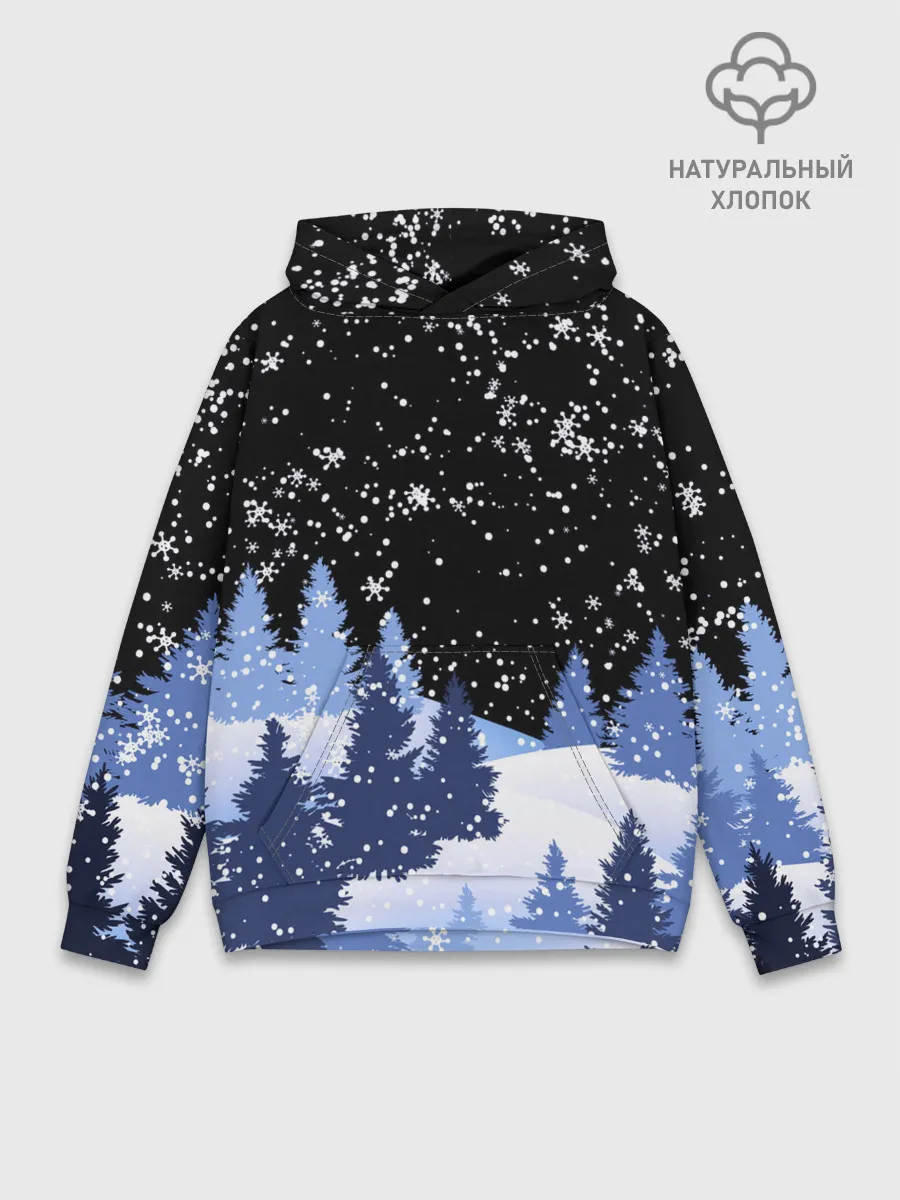 Худи мужской база хлопок / Снежная ночь в зимнем лесу