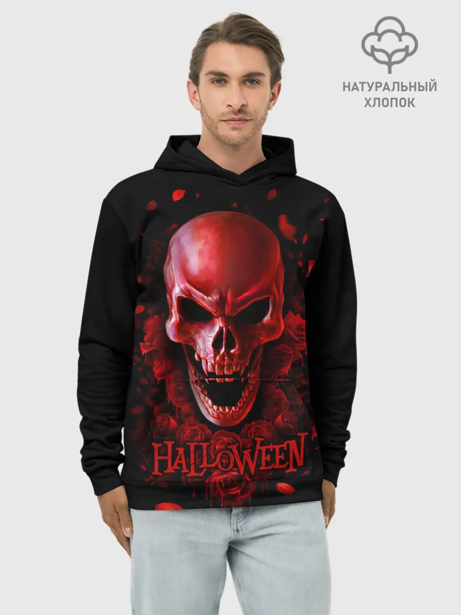 Худи мужской база хлопок / Красный череп в кровавых розах