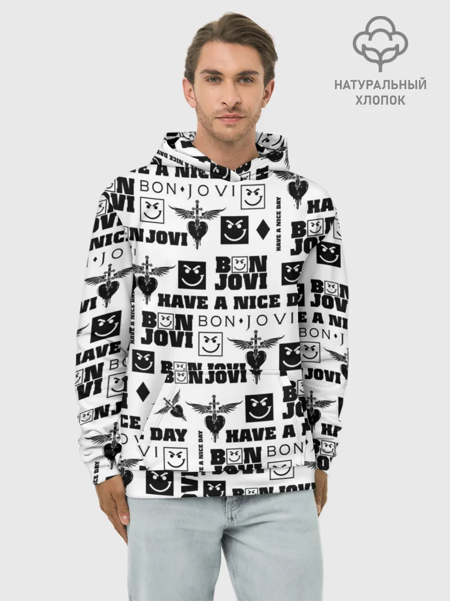 Худи мужской база хлопок / BON JOVI ЛОГОБОМБИНГ | БОН ДЖОВИ ПАТТЕРН