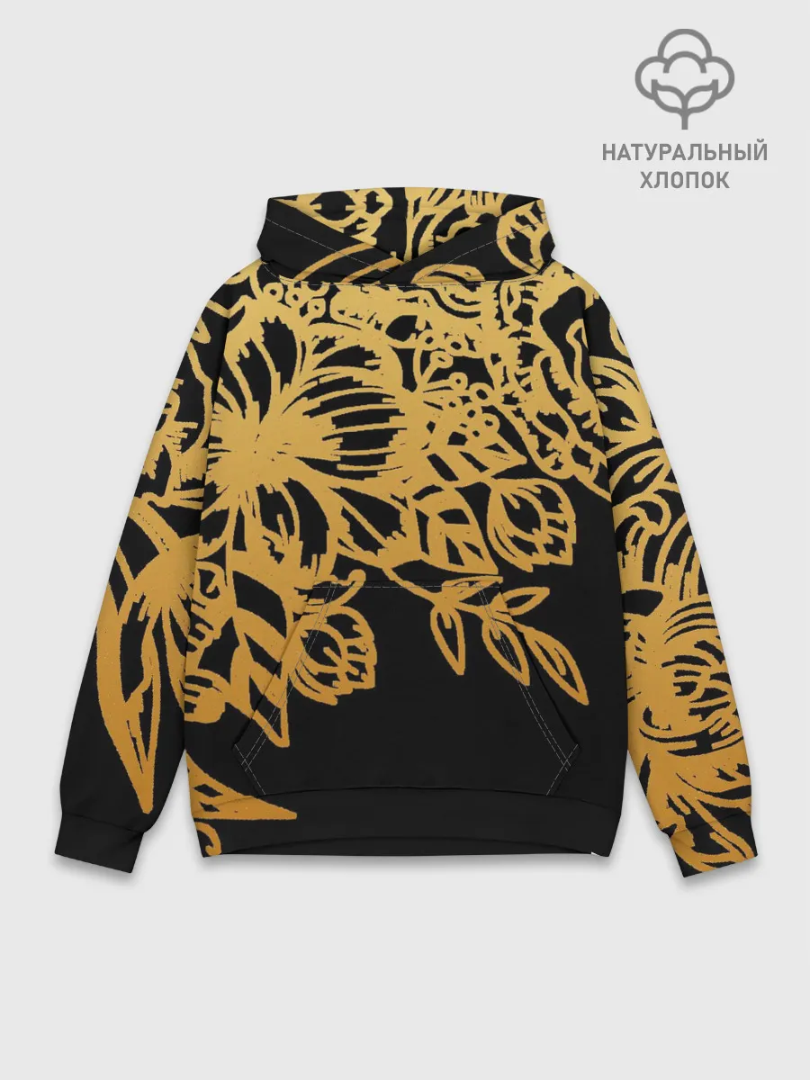 Худи мужской база хлопок / Золотые цветы на белом