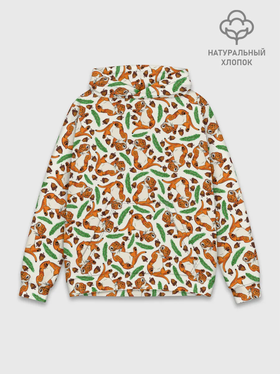 Худи мужской база хлопок / Тигрята, еловые ветки и желуди