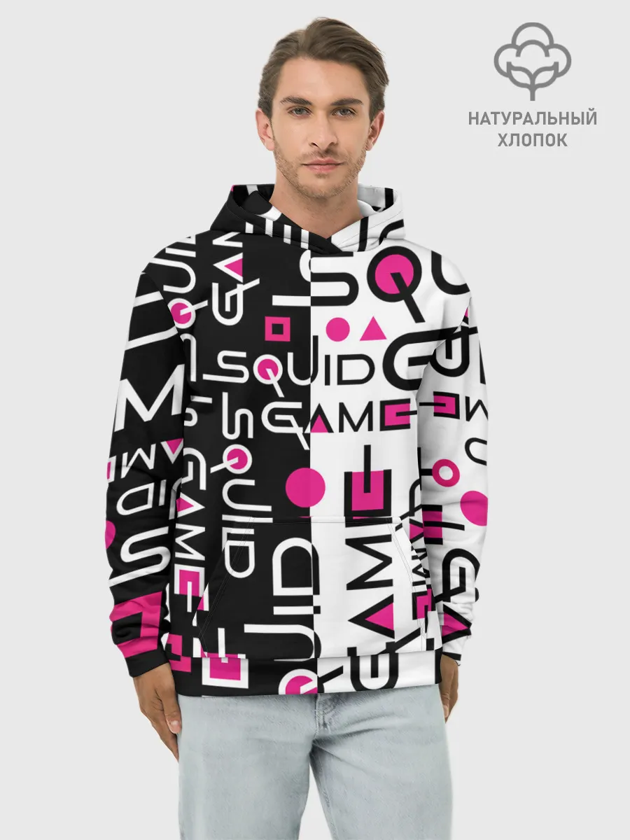 Худи мужской база хлопок / ИГРА В КАЛЬМАРА / ЧЁРНО БЕЛЫЙ ПАТТЕРН ЛОГО