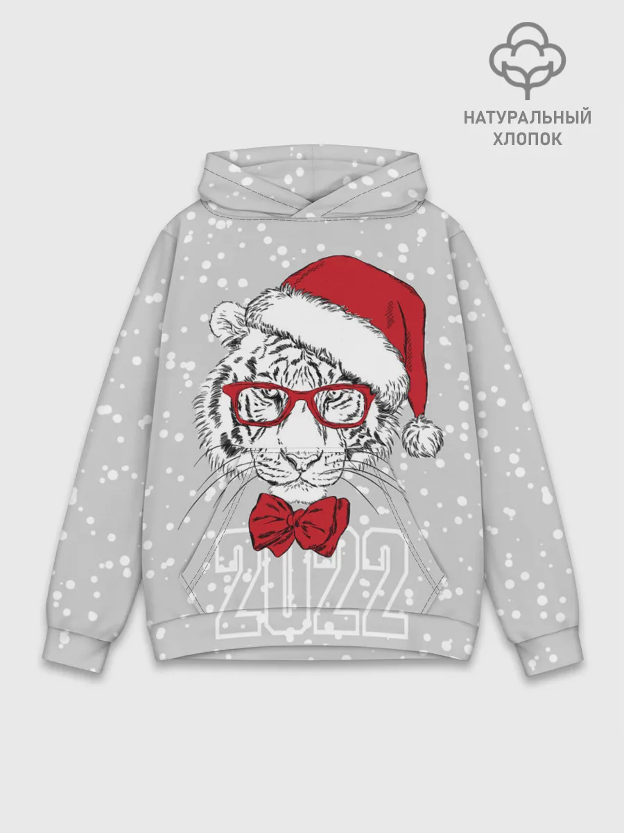 Худи мужской база хлопок / Белый тигр в шапке Санты