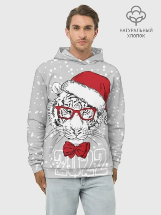 Худи мужской база хлопок / Белый тигр в шапке Санты