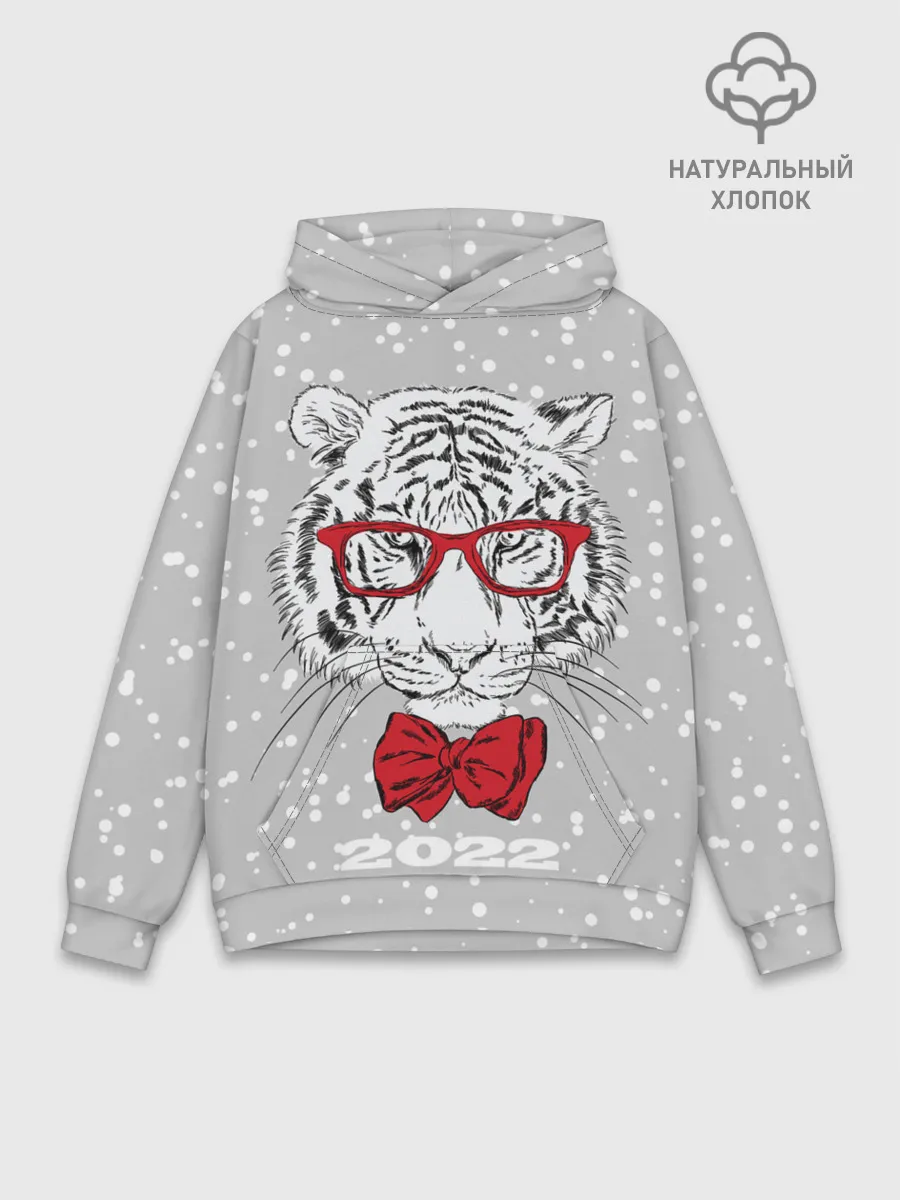 Худи мужской база хлопок / Белый тигр с красным бантом
