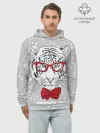 Худи мужской база хлопок / Белый тигр с красным бантом