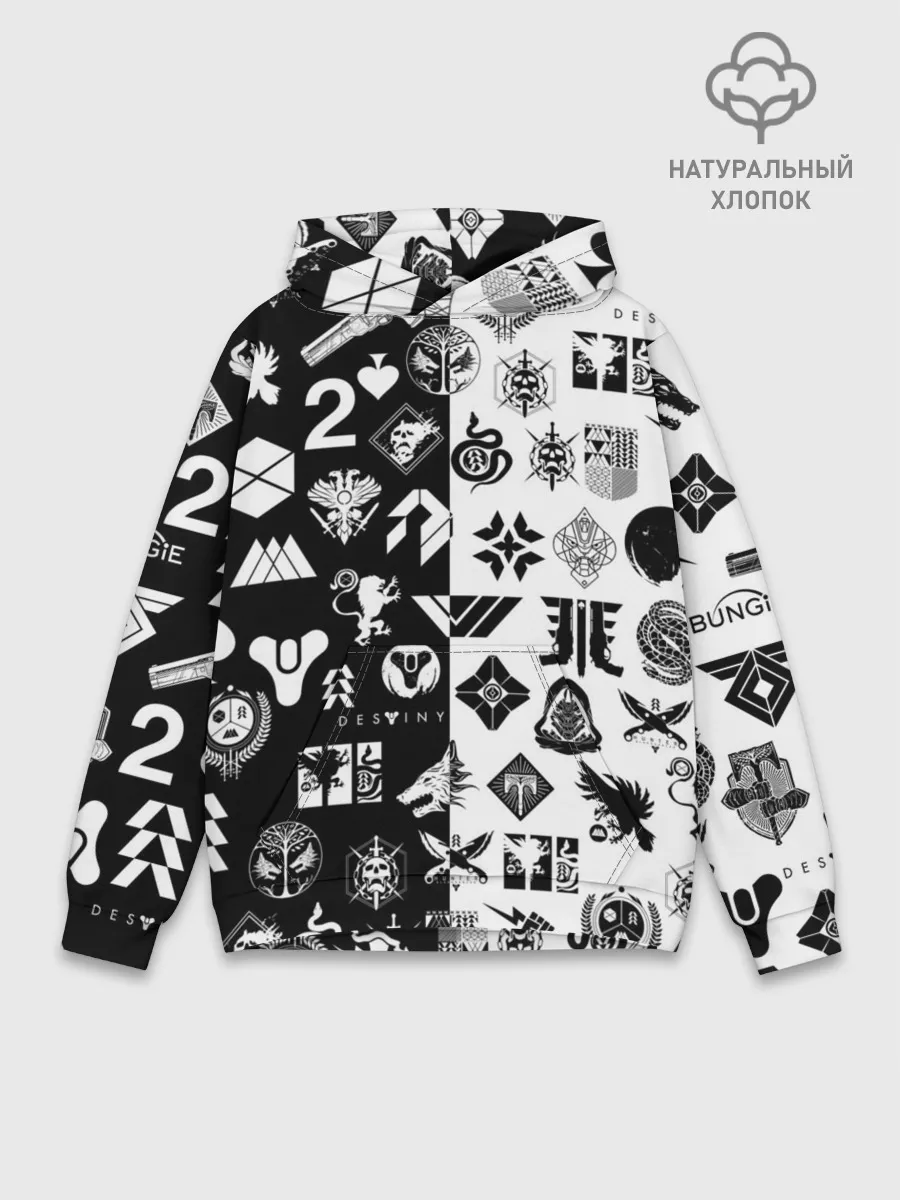Худи мужской база хлопок / DESTINY LOGOBOMBING ЧЁРНО БЕЛОЕ