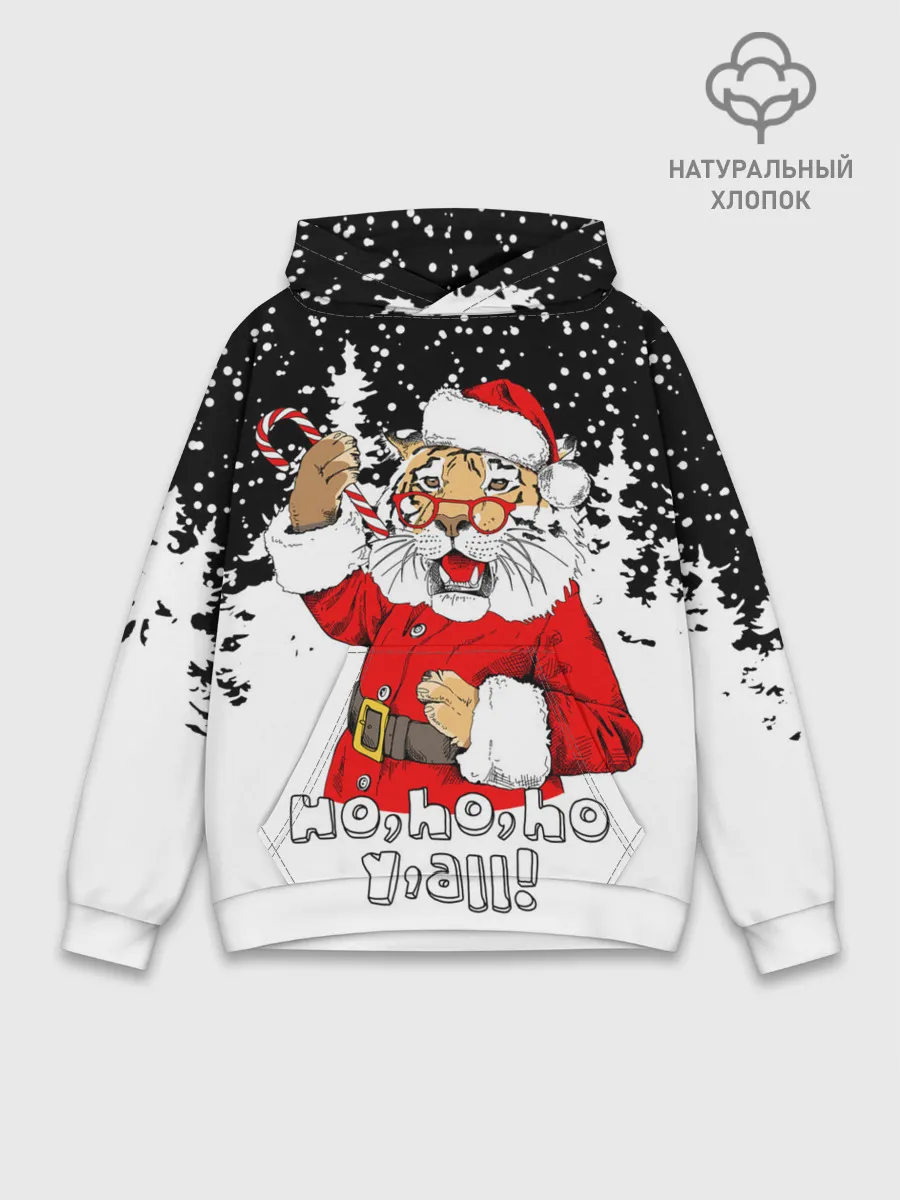 Худи мужской база хлопок / Тигр в шубе Санта Клауса