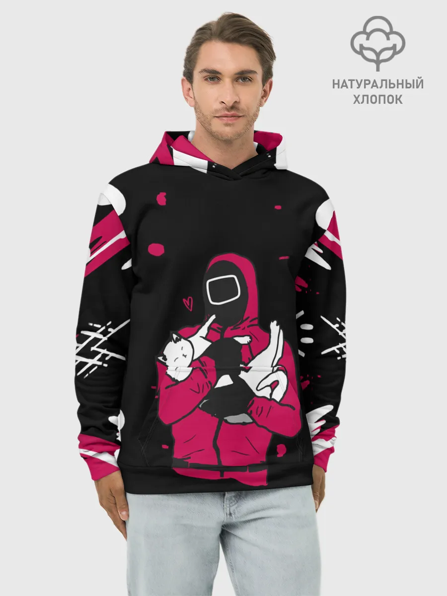 Худи мужской база хлопок / Игра в кальмара x Кот,
