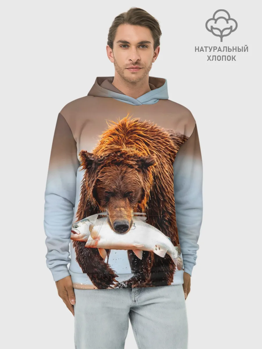 Худи мужской база хлопок / Медведь с рыбой во рту
