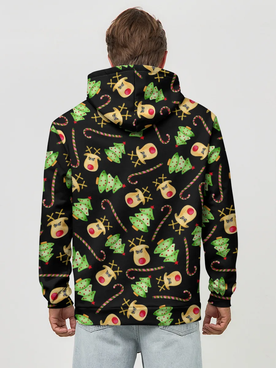 Худи мужской база хлопок / Олени, елки и карамель