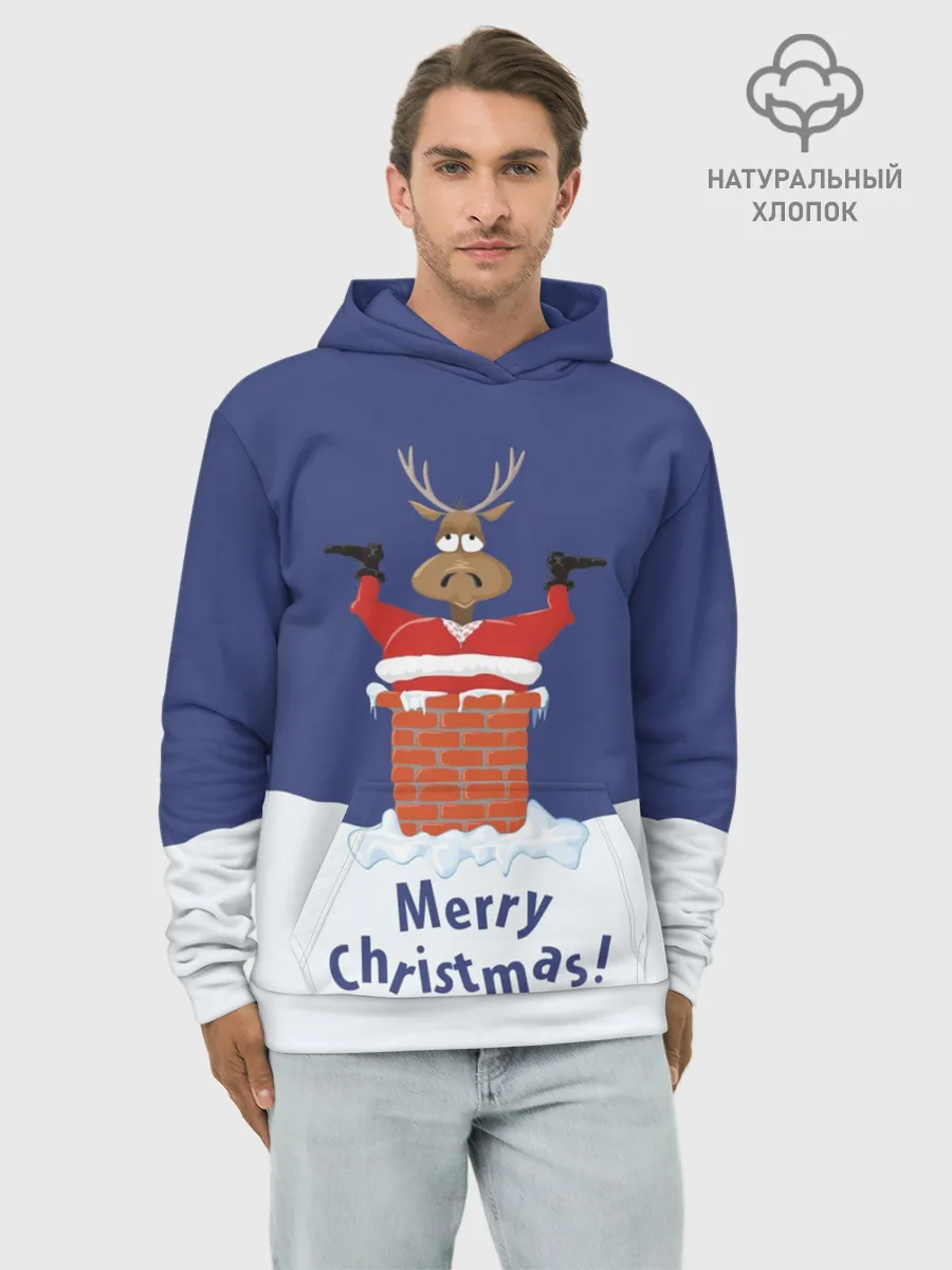 Худи мужской база хлопок / Санта в трубе с Оленем