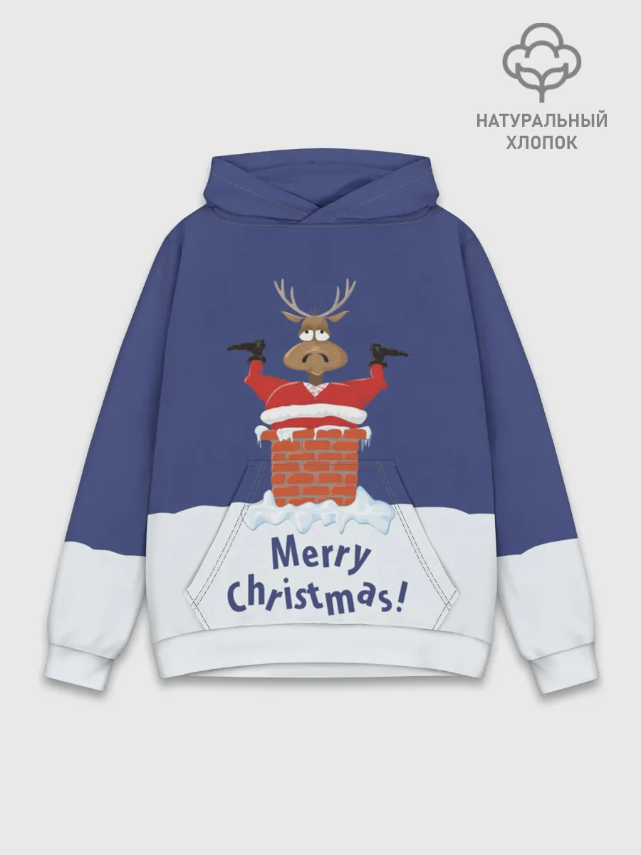 Худи мужской база хлопок / Санта в трубе с Оленем