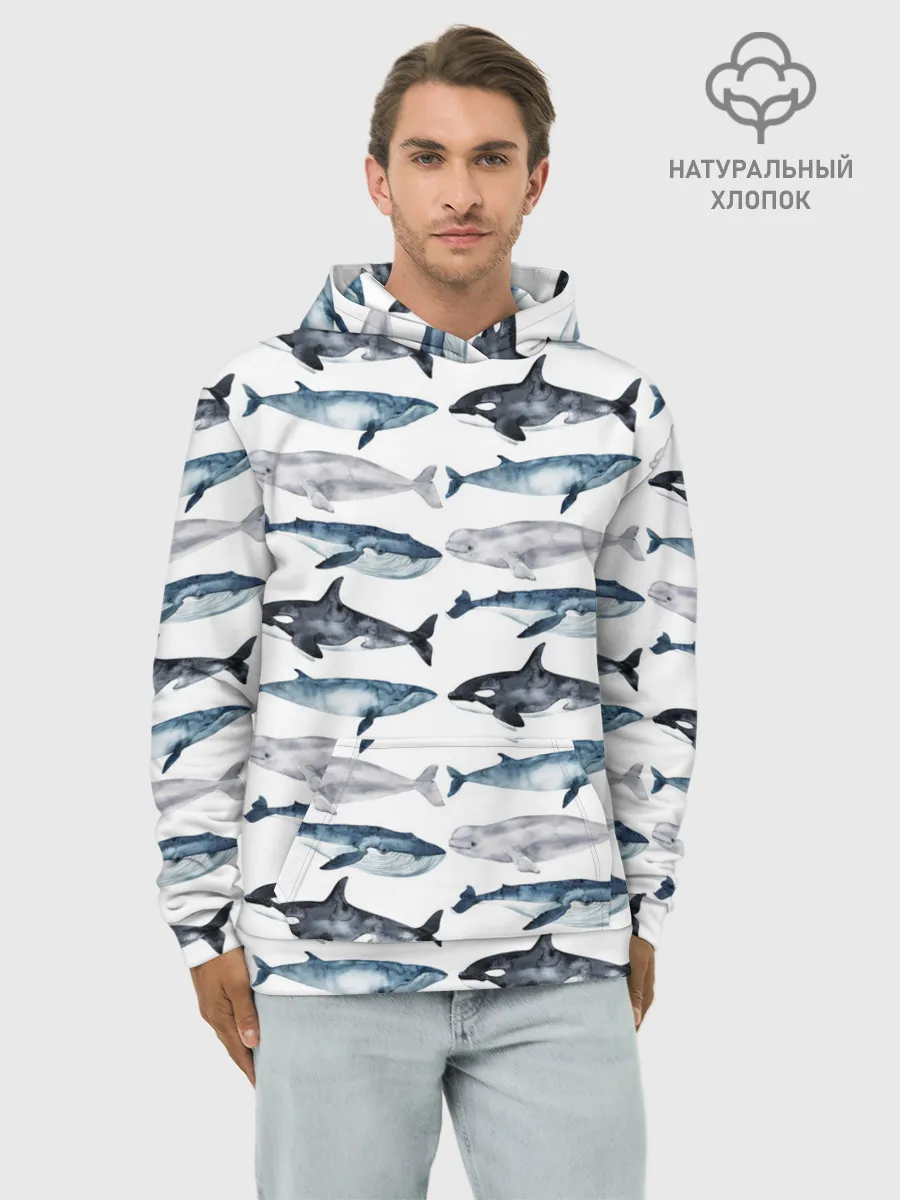 Худи мужской база хлопок / принт с китами
