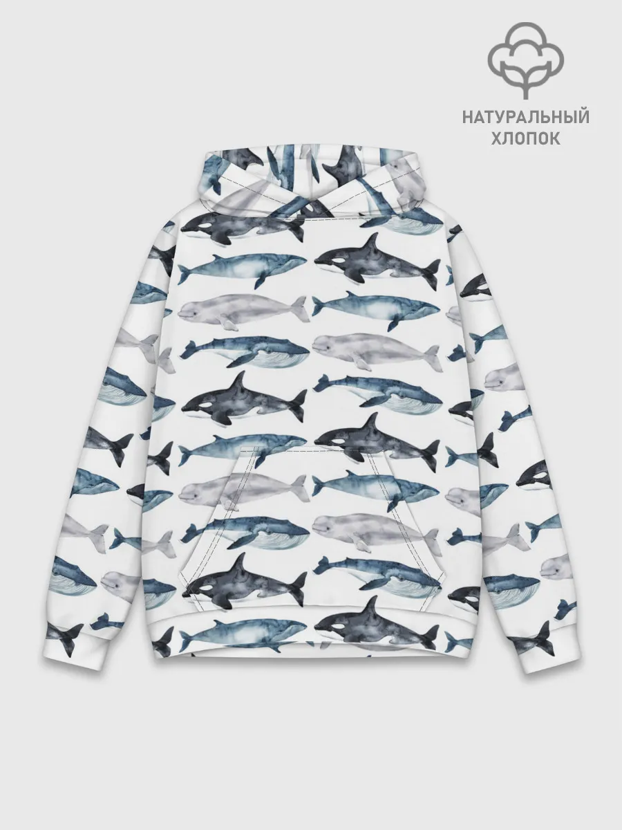 Худи мужской база хлопок / принт с китами
