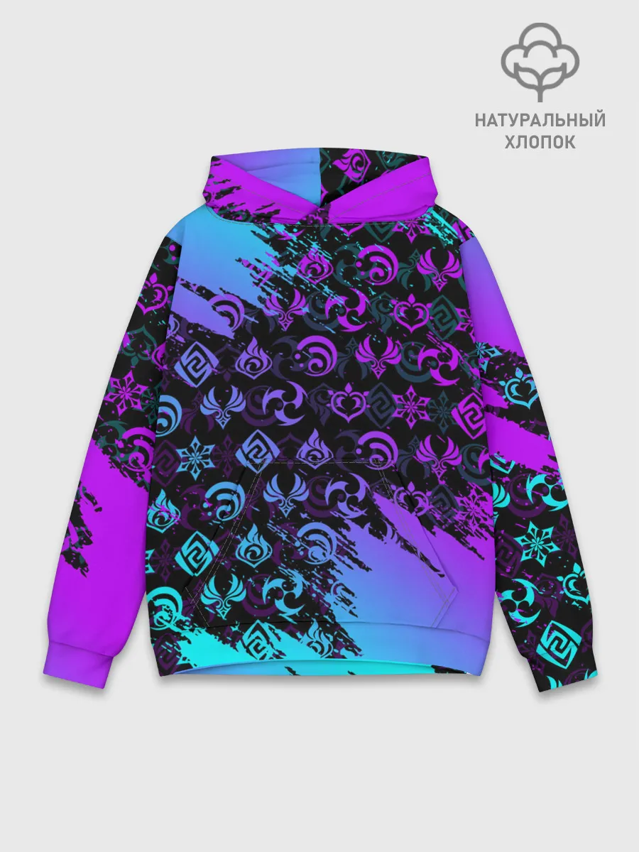 Худи мужской база хлопок / GENSHIN NEON PATTERN SYMBOL / НЕОН ЭМБЛЕМЫ