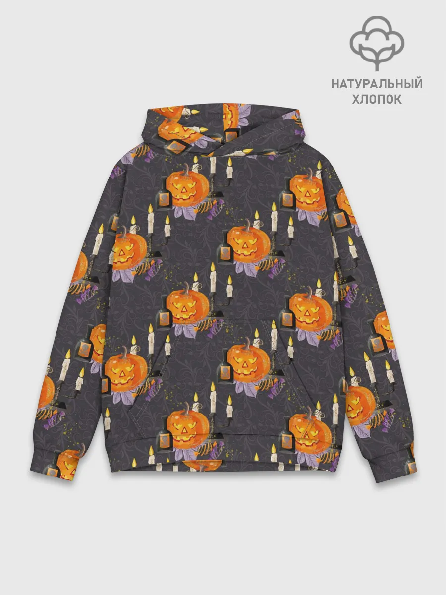 Худи мужской база хлопок / Хэллоуин - тыквы и свечи