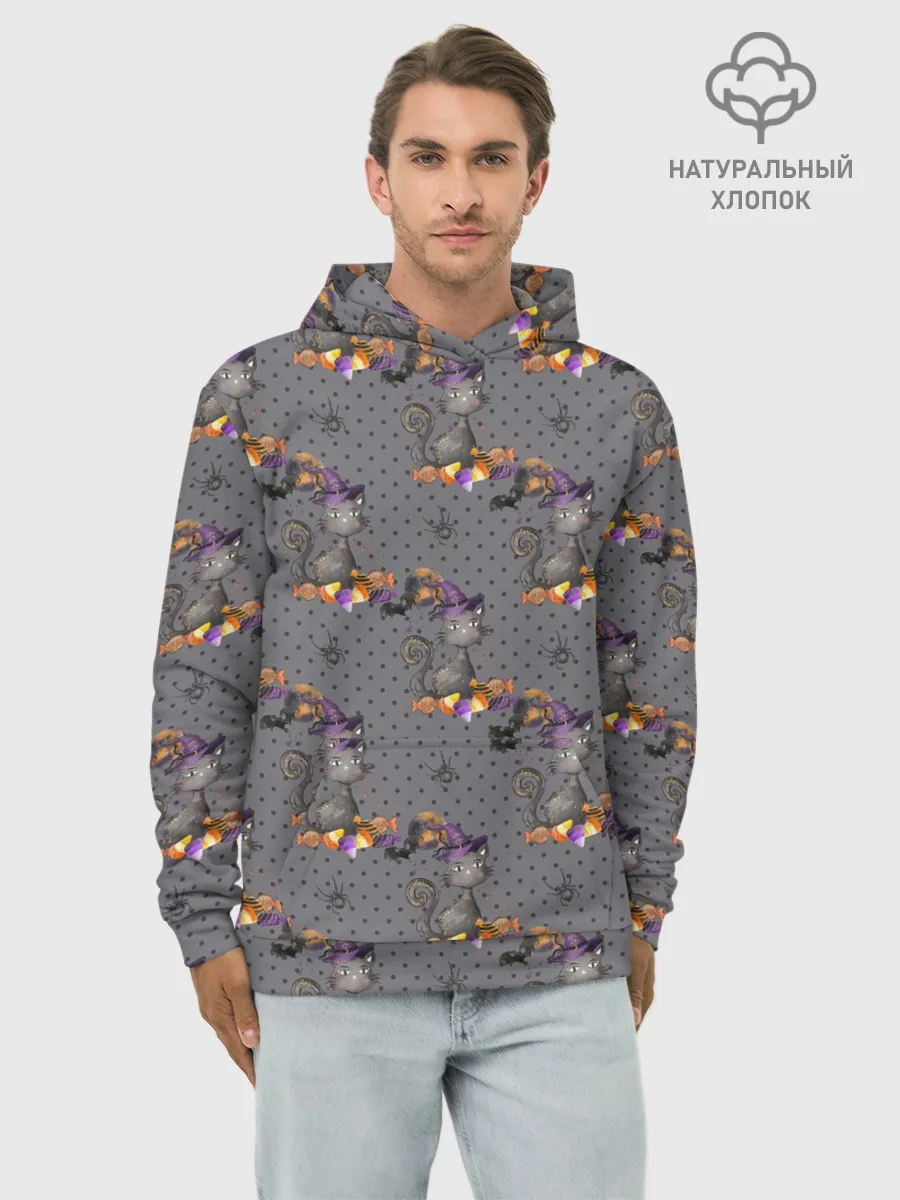 Худи мужской база хлопок / Кот с тыквой хэллоуин