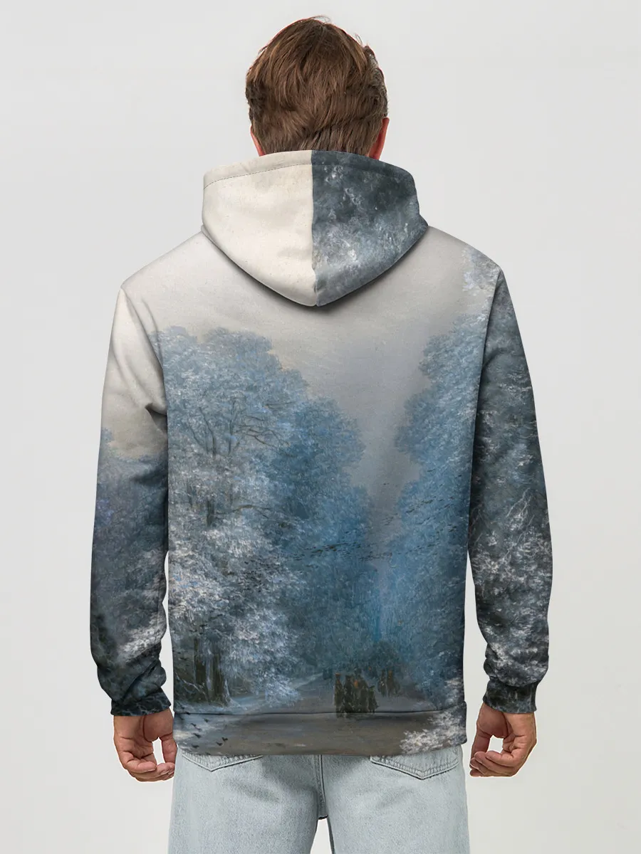 Худи мужской база хлопок / Зимний пейзаж картина маслом