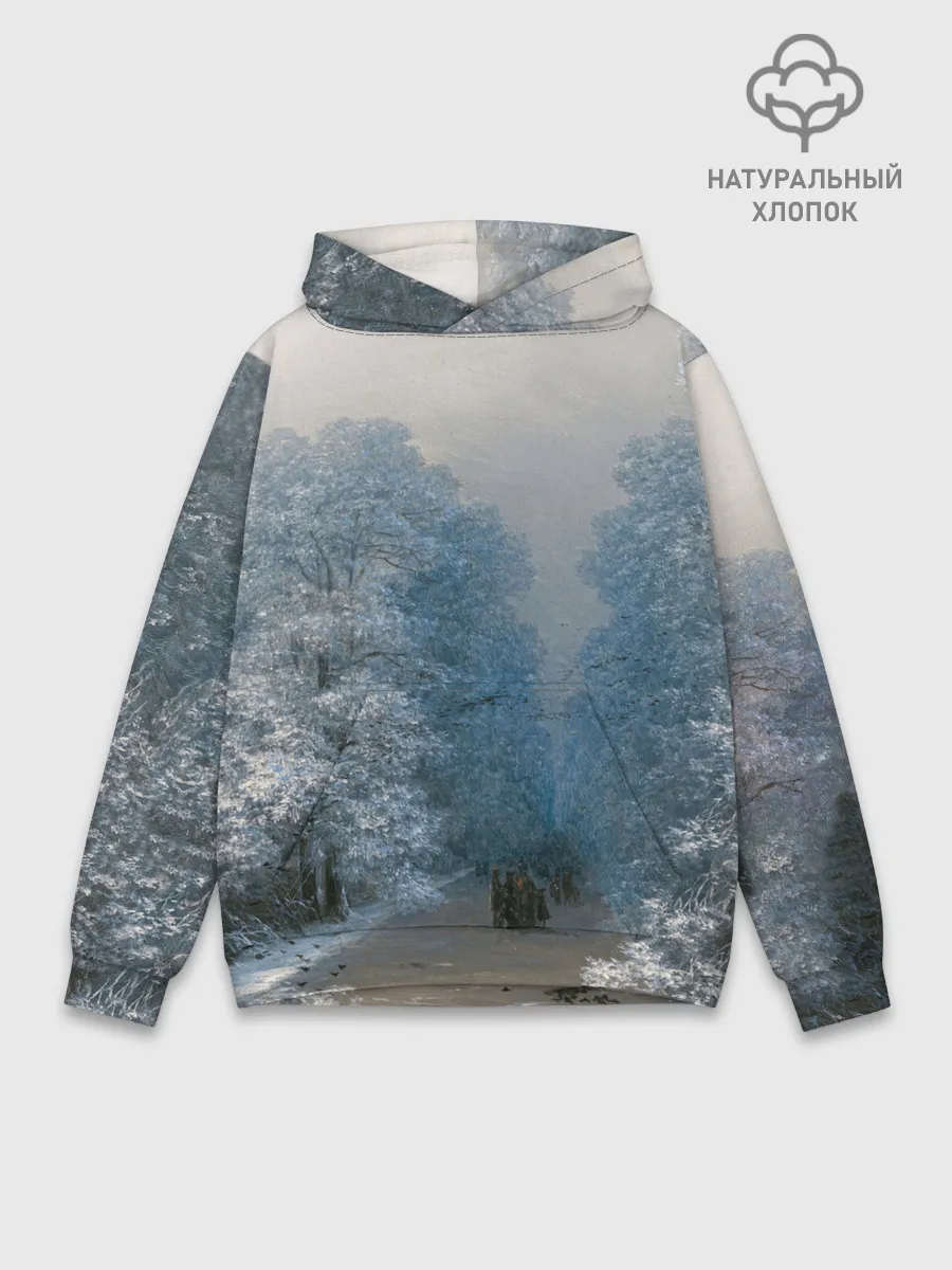 Худи мужской база хлопок / Зимний пейзаж картина маслом