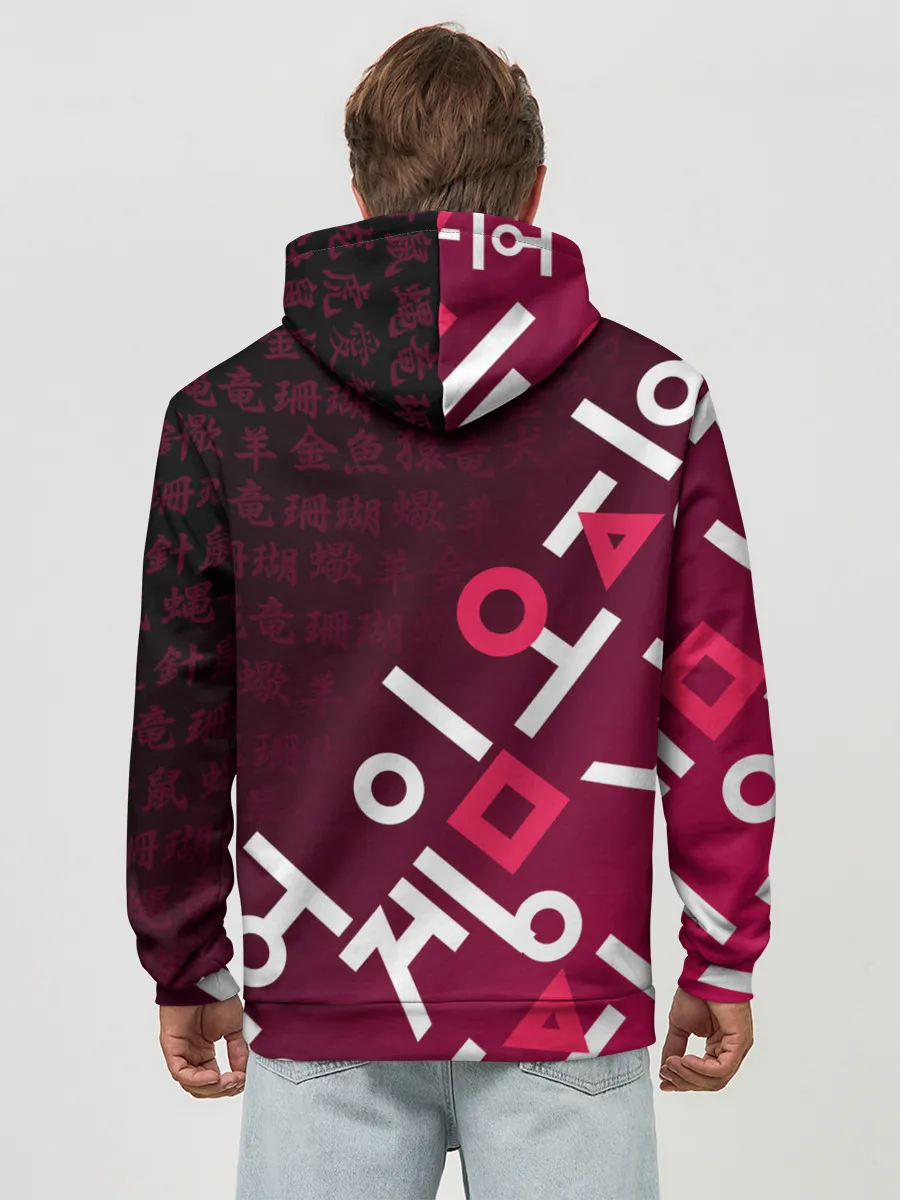 Худи мужской база хлопок / ИГРА В КАЛЬМАРА, ИЕРОГЛИФЫ ЛОГО