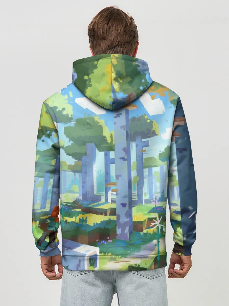 Худи мужской база хлопок / Майнкрафт на коне в березовом лесу