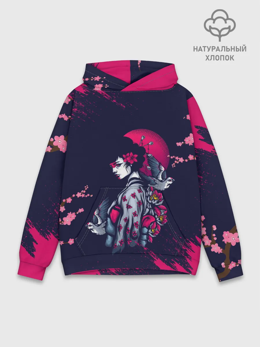 Худи мужской база хлопок / ДЕВУШКА В КИМОНО И ПТИЦАМИ