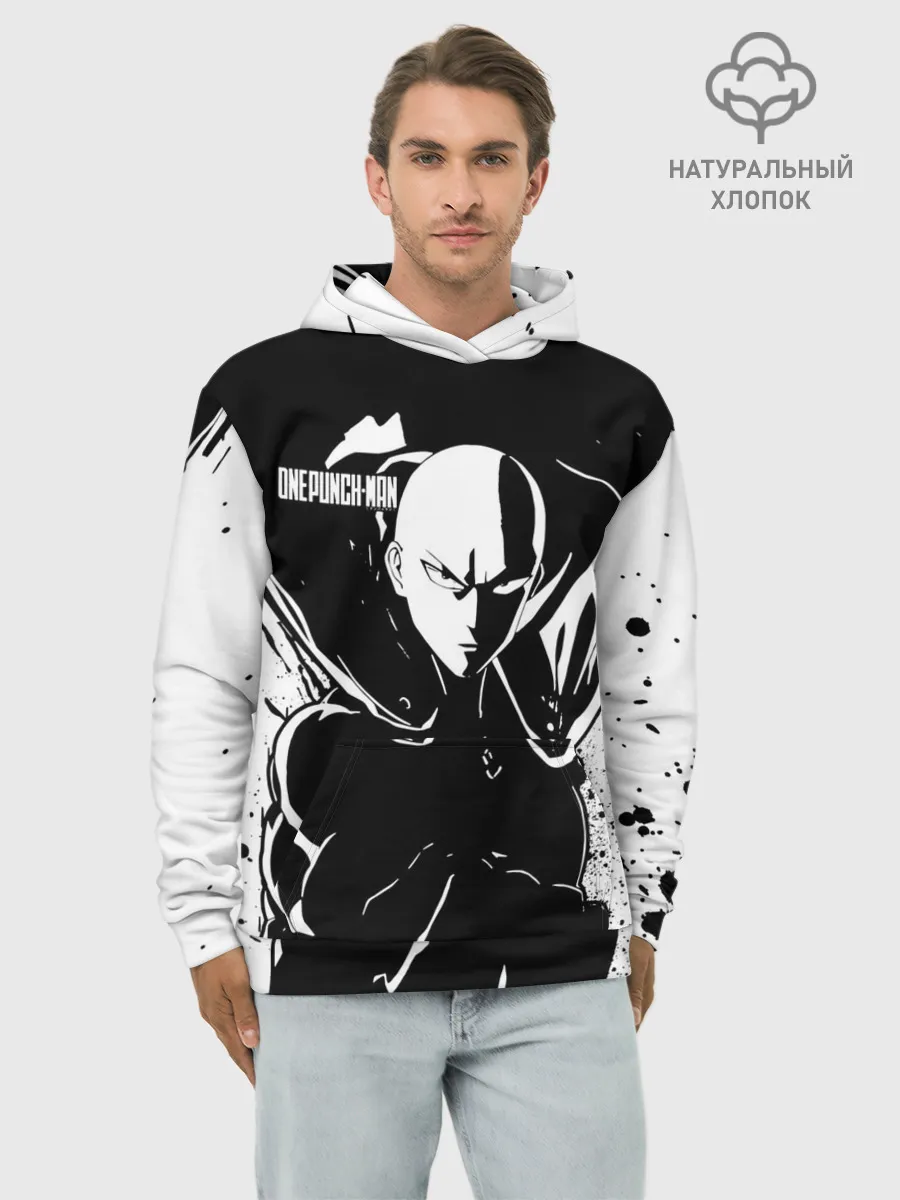 Худи мужской база хлопок / Черно-белый Сайтама One Punch-Man