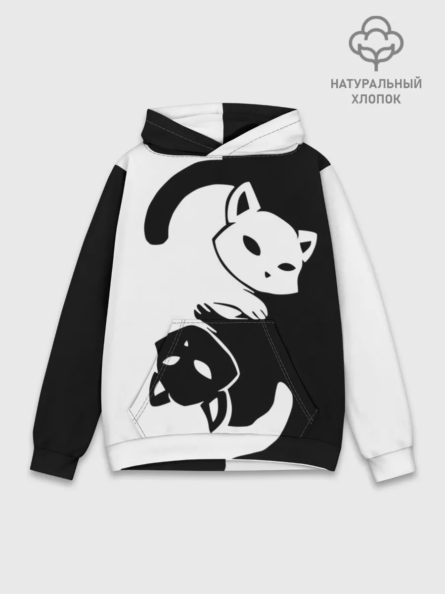 Худи мужской база хлопок / Черный и белый кот кувыркаются.