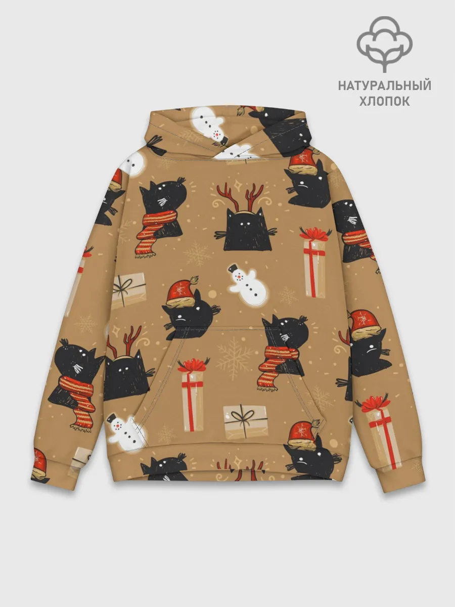 Худи мужской база хлопок / Черные новогодние коты