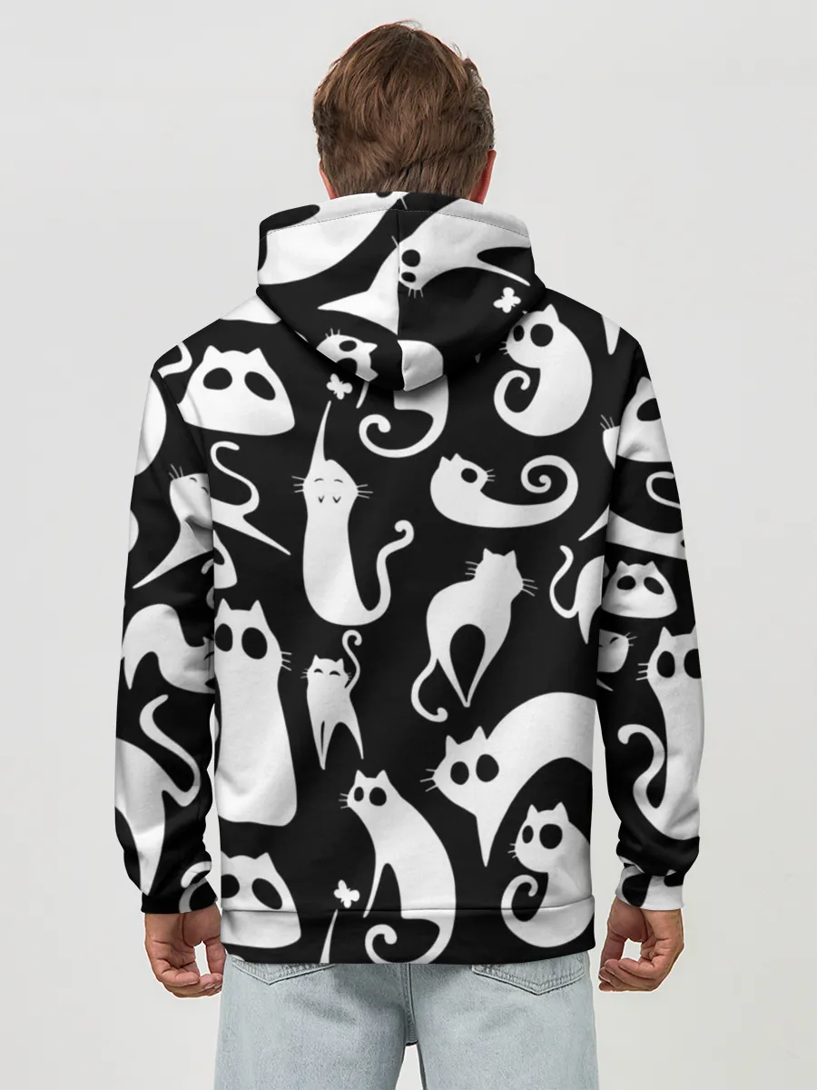 Худи мужской база хлопок / Белые коты на черном фоне