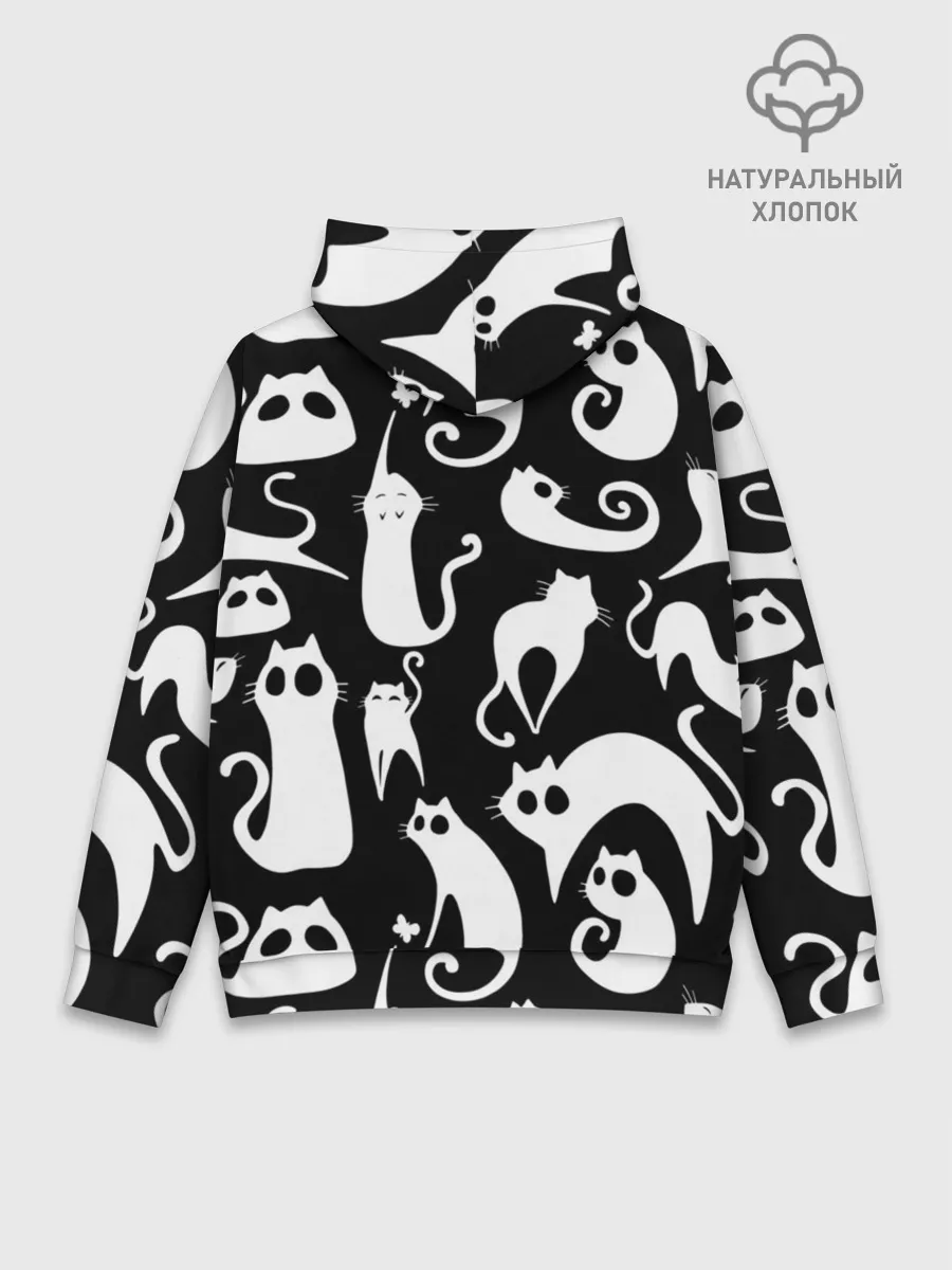 Худи мужской база хлопок / Белые коты на черном фоне