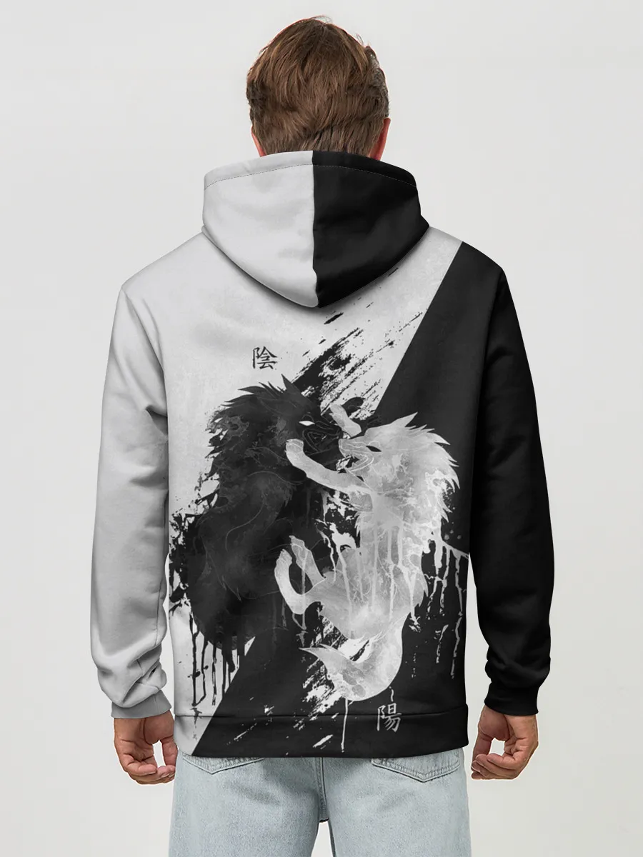 Худи мужской база хлопок / ИНЬ ЯНЬ ВОЛКИ ЧЁРНО БЕЛЫЙ