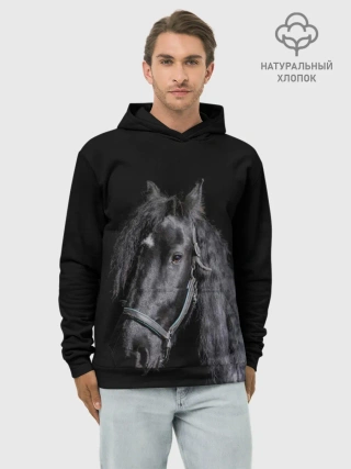 Худи мужской база хлопок / Лошадь на черном фоне