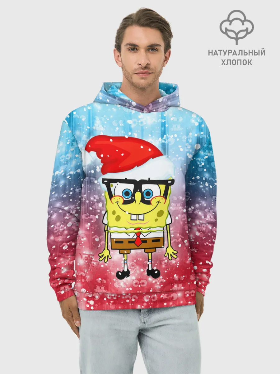 Худи мужской база хлопок / Новогодний Спанч Боб