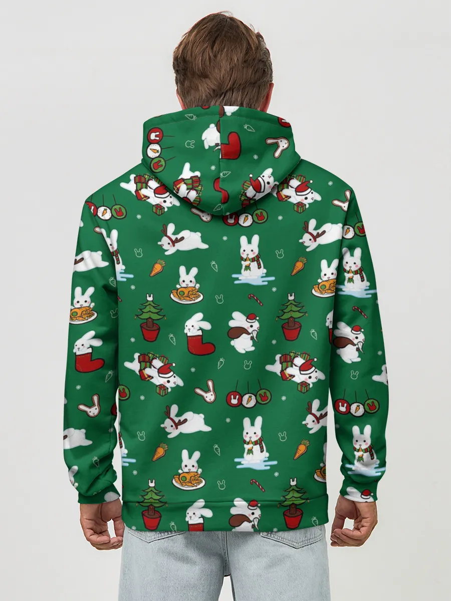 Худи мужской база хлопок / Новогодний паттерн с зайчиками