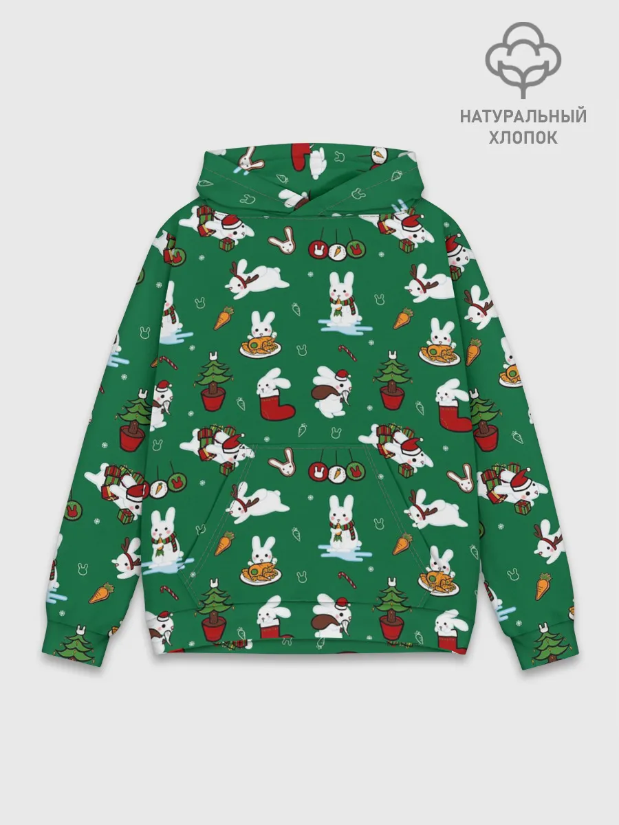 Худи мужской база хлопок / Новогодний паттерн с зайчиками