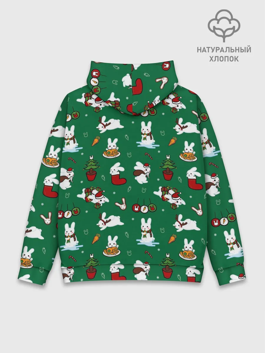 Худи мужской база хлопок / Новогодний паттерн с зайчиками
