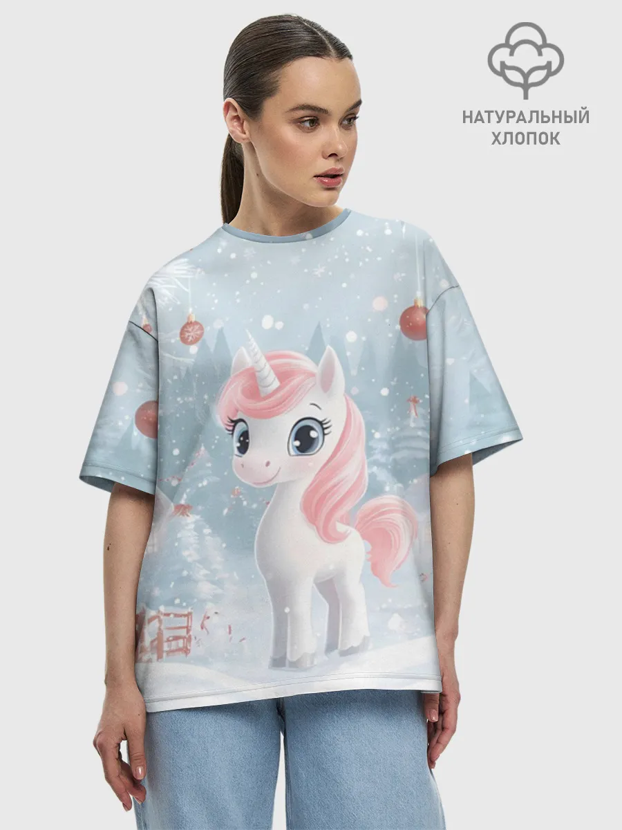 Женская футболка оверсайз хлопок / Пони Новый год