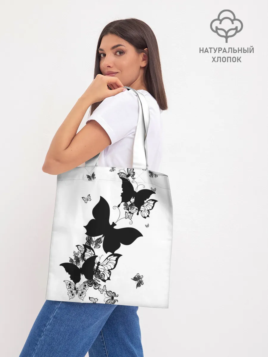 Шоппер база / Черные бабочки на белом