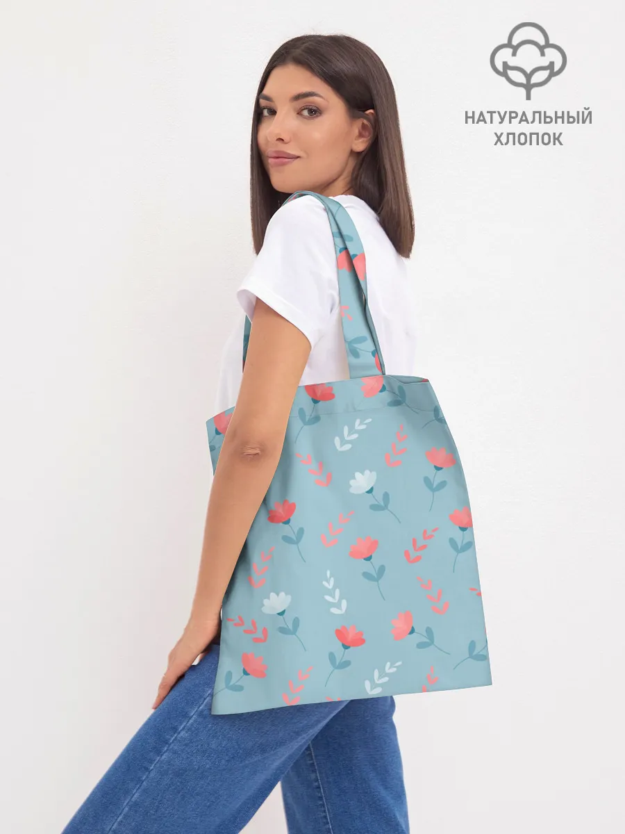 Шоппер база / Цветочки и листики на голубом