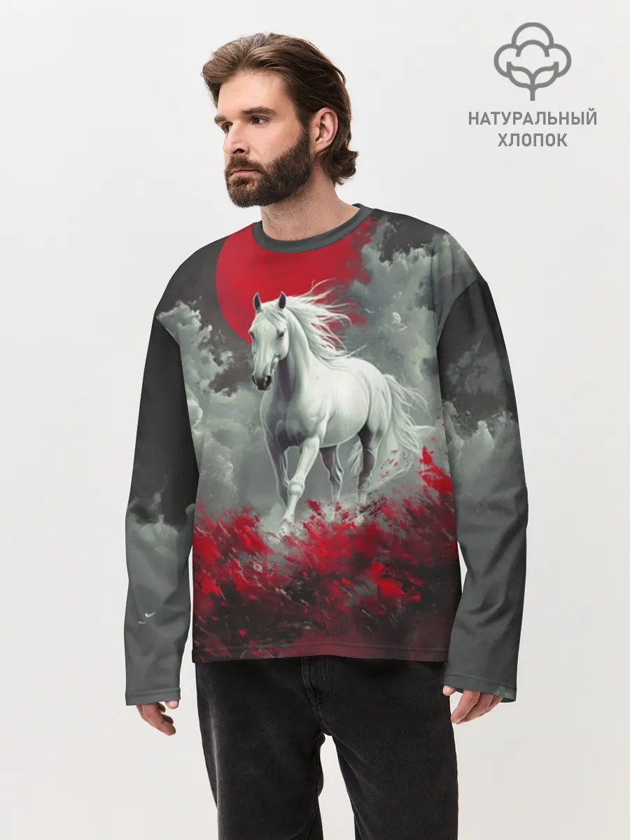 Мужской лонгслив оверсайз хлопок / Лошадь и угли